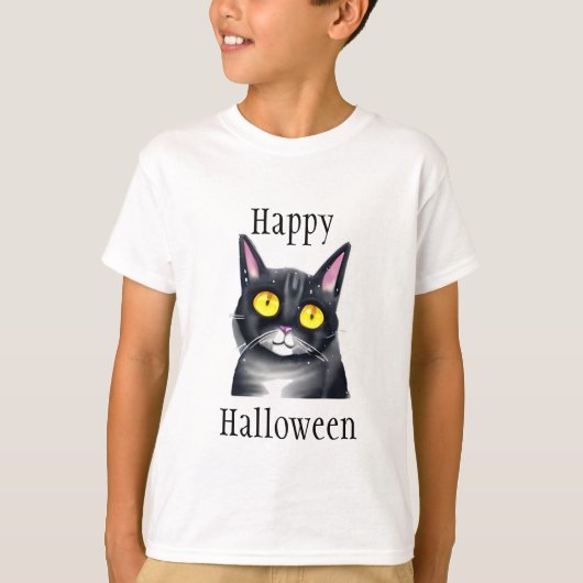ハッピーハローウィン |かわいい黒猫の黄色い目 Tシャツ (正面)