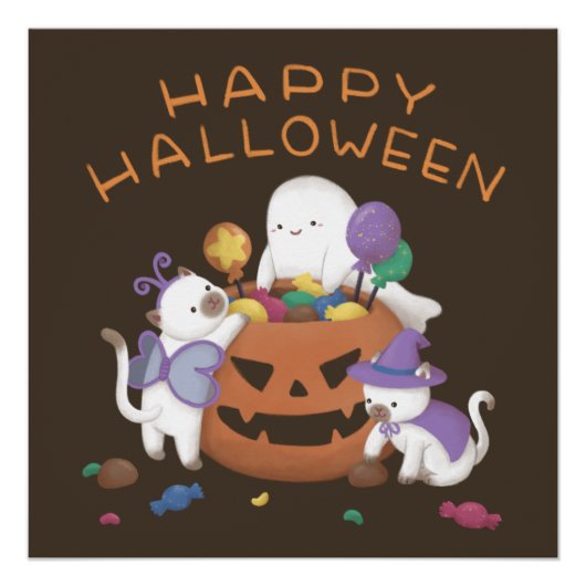 ハッピーハローウィン：ネコと幽霊 ポスター (正面)