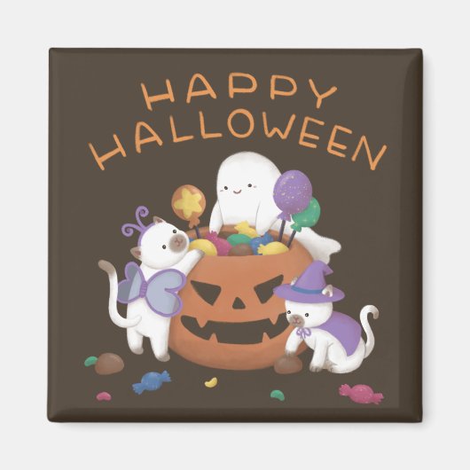 ハッピーハローウィン：ネコと幽霊 マグネット (正面)