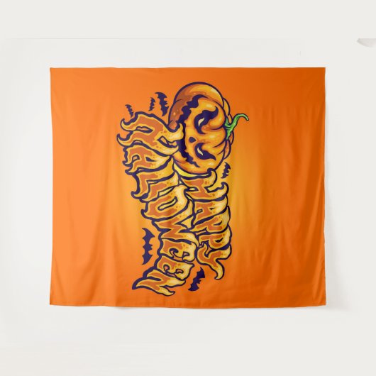 ハッピーハローウィン(ハロウィーンのカボチャのちょうちん背景) タペストリー (正面(横))