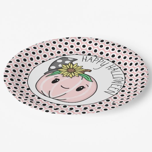 ハッピーハローウィン |ピンクカボチャと水玉模様 ペーパープレート (アングル)