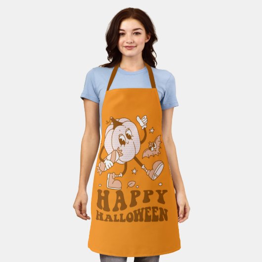 ハッピーハローウィン| レトロ水玉模様パンプキン エプロン (着用した状態)