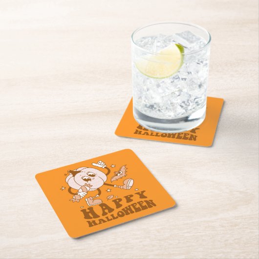 ハッピーハローウィン| レトロ水玉模様パンプキン スクエアペーパーコースター (インサイチュ)