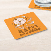 ハッピーハローウィン| レトロ水玉模様パンプキン スクエアペーパーコースター (アングル)