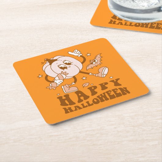 ハッピーハローウィン| レトロ水玉模様パンプキン スクエアペーパーコースター (アングル)