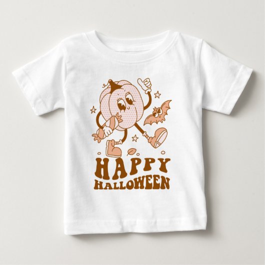 ハッピーハローウィン| レトロ水玉模様パンプキン ベビーTシャツ (正面)