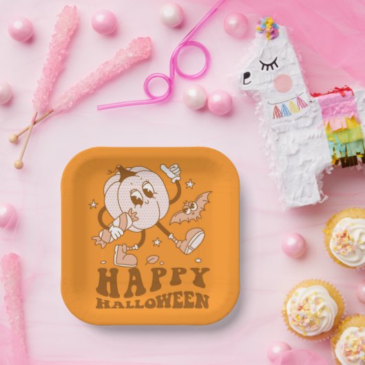 ハッピーハローウィン| レトロ水玉模様パンプキン ペーパープレート (パーティー)