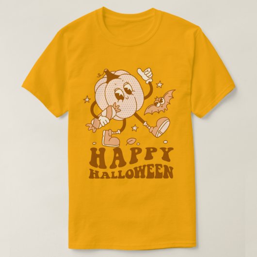 ハッピーハローウィン| レトロ水玉模様パンプキン Tシャツ (デザイン正面)