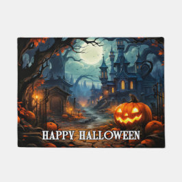 ハッピーハローウィン-不気味パンプキンの照明 ドアマット