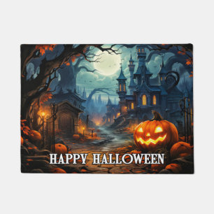 ハッピーハローウィン-不気味パンプキンの照明 ドアマット