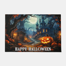 ハッピーハローウィン-不気味パンプキンの照明 ドアマット