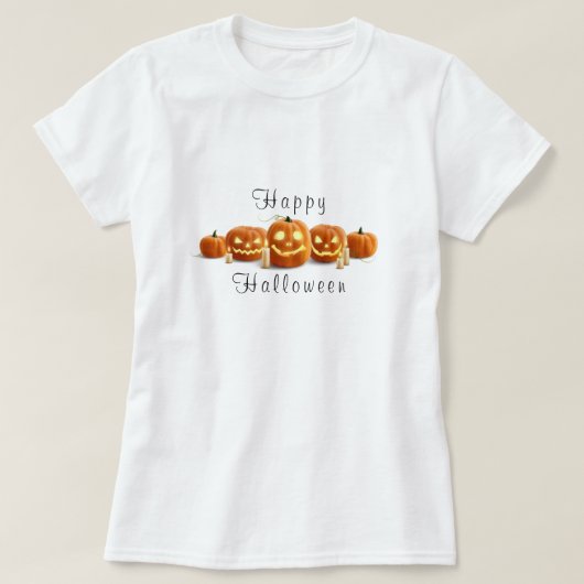 「ハッピーハローウィン」台本に彫られたカボチャのキャンドル Tシャツ (デザイン正面)