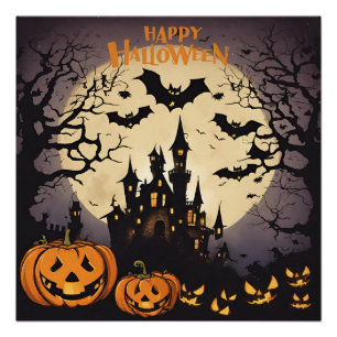 ハッピーハローウィン-幽霊のよく出るハウス、カボチャとこうもり ポスター