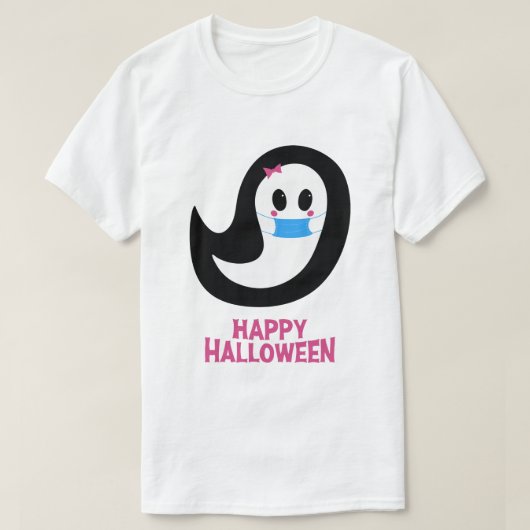 ハッピーハローウィン |幽霊のマスク着用 Tシャツ (デザイン正面)