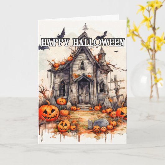 ハッピーハローウィン |恐ろしい古幽霊のよく出る家 カード (黄色い花)