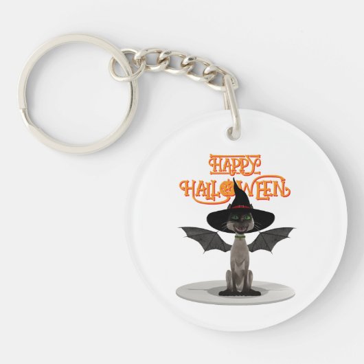 ハッピーハローウィン。翼と魔女の帽子を持つ猫 キーホルダー (正面)