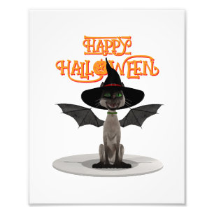ハッピーハローウィン。翼と魔女の帽子を持つ猫 フォトプリント