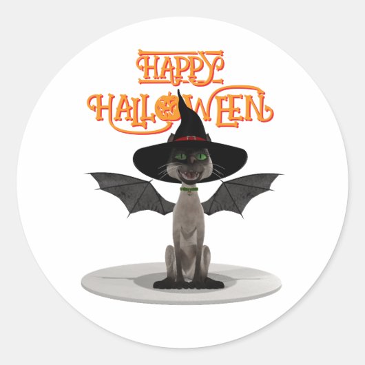 ハッピーハローウィン。翼と魔女の帽子を持つ猫 ラウンドシール (正面)