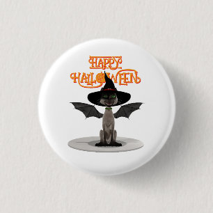 ハッピーハローウィン。翼と魔女の帽子を持つ猫 缶バッジ