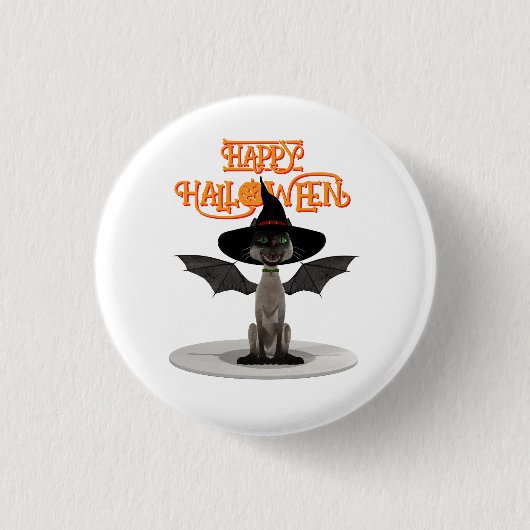 ハッピーハローウィン。翼と魔女の帽子を持つ猫 缶バッジ (正面)