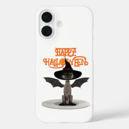 ハッピーハローウィン。翼と魔女の帽子を持つ猫 iPhone 16ケース