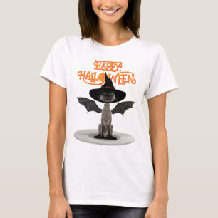 ハッピーハローウィン。翼と魔女の帽子を持つ猫 Tシャツ