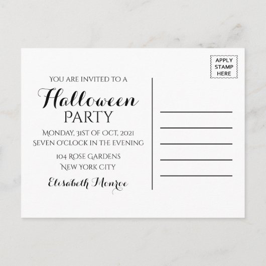 ハッピーハローウィン、魔女オンブロムスティック インビテーションポストカード (裏面)