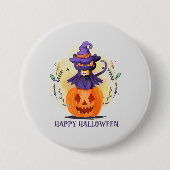 ハッピーハローウィン – 魔女黒猫 缶バッジ (正面)