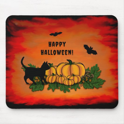 ハッピーハローウィン、黒猫、こうもり、カボチャ マウスパッド (正面)