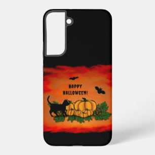 ハッピーハローウィン、黒猫、こうもり、カボチャ SAMSUNG GALAXY S22+ケース