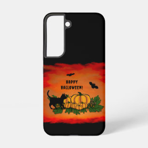 ハッピーハローウィン、黒猫、こうもり、カボチャ SAMSUNG GALAXY S22ケース
