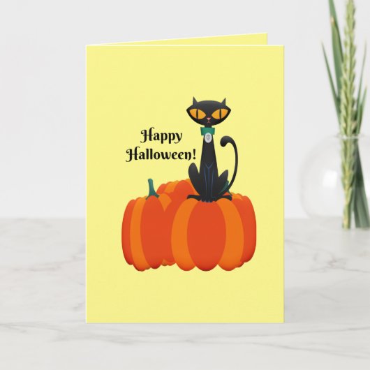 ハッピーハローウィン、黒猫/カボチャ カード (正面)