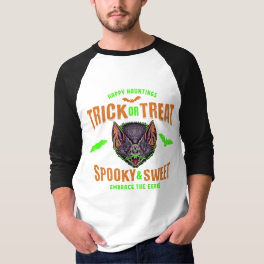 ハッピーハント |ハロウィーンのトリックまたはトリートこうもり Tシャツ (正面)