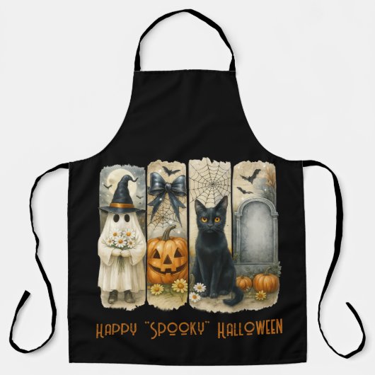 ハッピーハ不気味ルウィーンカボチャ幽霊黒猫 エプロン (正面)