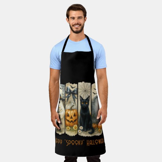 ハッピーハ不気味ルウィーンカボチャ幽霊黒猫 エプロン (着用した状態)