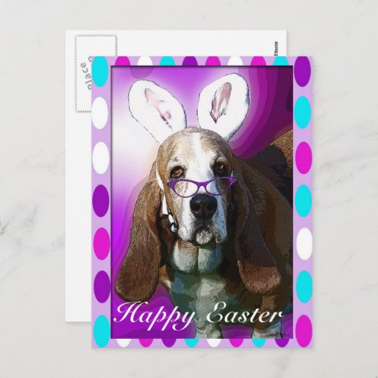 ハッピーバセットハウンドイースターグリーティングポストカード シーズンポストカード (正面/裏面)