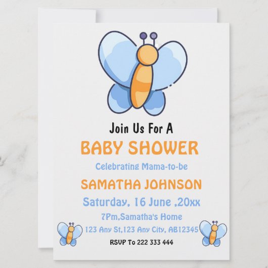 ハッピーバタフライベビーシャワーの招待状 (正面)