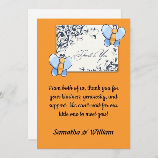 ハッピーバタフライベビーシャワーフラットサンキューカード サンキューカード (正面/裏面)