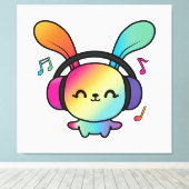 ハッピーバニーとヘッドホ聞ンの音楽へ。 キャンバスプリント (インサイチュ (ウッドフロア))
