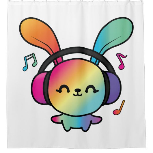 ハッピーバニーとヘッドホ聞ンの音楽へ。 シャワーカーテン (正面)