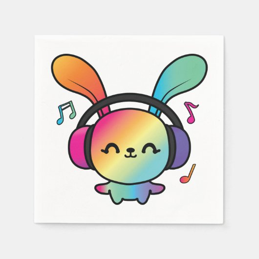 ハッピーバニーとヘッドホ聞ンの音楽へ。 スタンダードカクテルナプキン (正面)