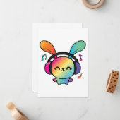 ハッピーバニーとヘッドホ聞ンの音楽へ。 ノートカード (正面/裏面インサイチュ)