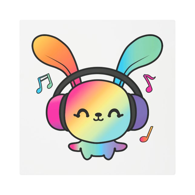 ハッピーバニーとヘッドホ聞ンの音楽へ。 メタルプリント (正面)