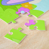 ハッピーバニー蝶の花かわいい紫色のウサギ ジグソーパズル (側面)