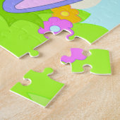 ハッピーバニー蝶の花かわいい紫色のウサギ ジグソーパズル (側面)