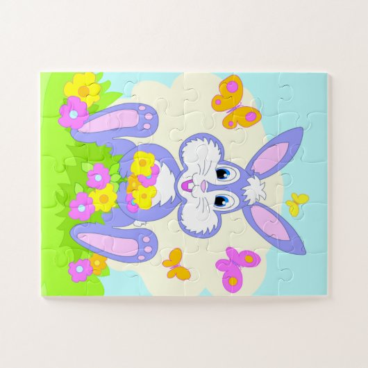ハッピーバニー蝶の花かわいい紫色のウサギ ジグソーパズル (横)