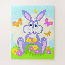 ハッピーバニー蝶の花かわいい紫色のウサギ ジグソーパズル