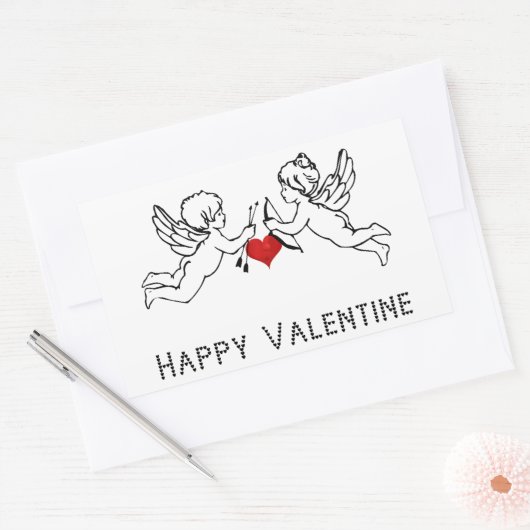 ハッピーバレンタインチェルブスカップルかわいいハート文字 長方形シール (封筒)