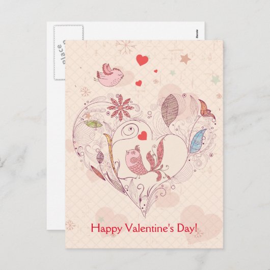 ハッピーバレンタインデーお洒落ピンクの花鳥 シーズンポストカード (正面/裏面)