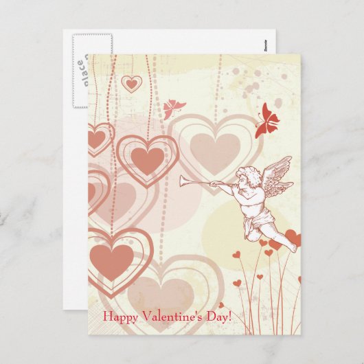 ハッピーバレンタインデーかわいいキューピッドハートバタフライ シーズンポストカード (正面/裏面)